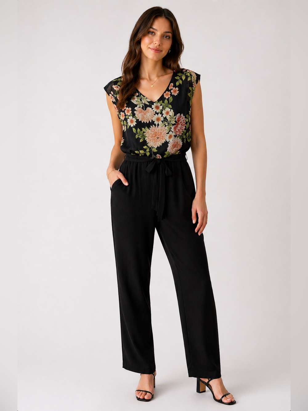 Womens Floral Jumpsuit Size 4 Black Casual Boho Chic Straight Leg Spring Summer
